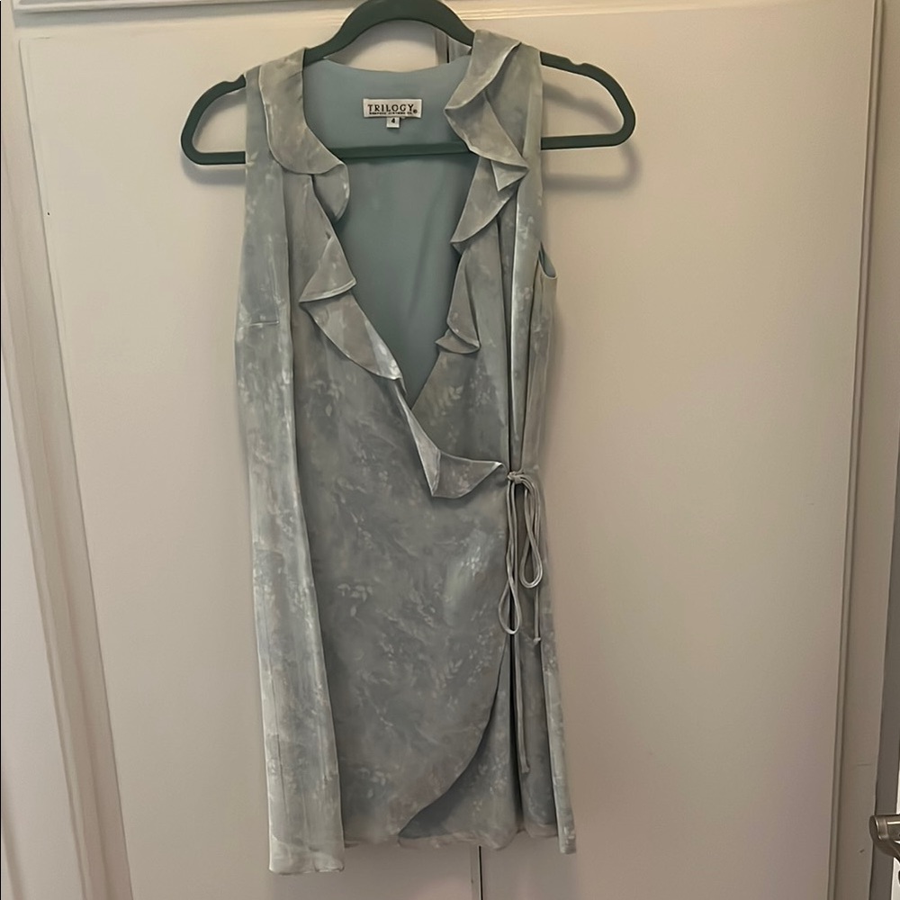 Trilogy Powder Blue wrap dress with neckline ruffles